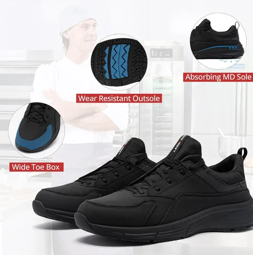 Vista 3 de Zapatos de trabajo antideslizantes para hombres resistentes al agua - Zapatos de cocina anchos y cómodos para cocinero, servicio de alimentos, sin