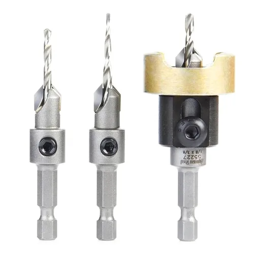 Vista 6 de Amana Tool Juego avellanador para carpintería, AMS-621, 3 piezas Punta de carburo con tope de profundidad ajustable y sin empuje, sin rodamiento