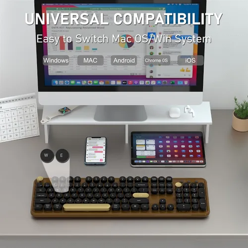 Vista 4 de Teclado Bluetooth inalámbrico colorido (negro-marrón) Conecta hasta 3 dispositivos simultáneamente, teclado Bluetooth de 2.4 GHz y modo dual