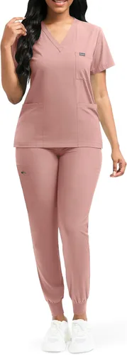 Vista 2 de niaahinn Conjunto de uniforme médico de enfermera para mujer, camiseta con cuello en V y pantalones deportivos, uniforme médico, traje para mujer
