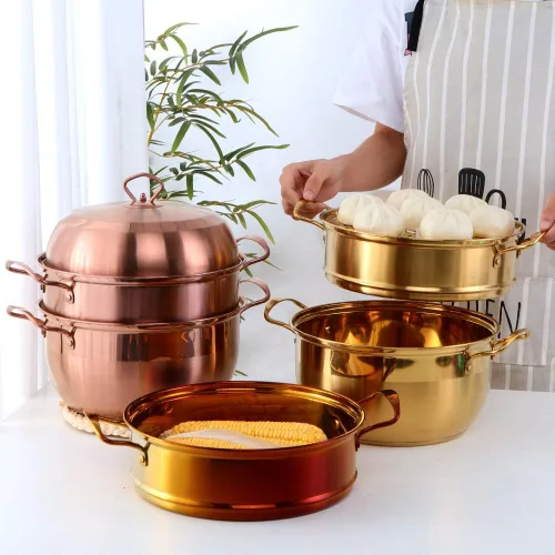 Vista 5 de Juego de vaporizador de acero inoxidable resistente de alta calidad, 3 niveles, incluye 2 ollas de cocina, 1 septa y tapa para cocinar al vapor