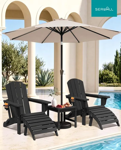 Vista 9 de SERWALL Juego de 5 piezas con silla Adirondack ajustable, puf otomano y mesa, negro
