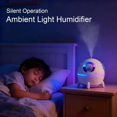 Vista 5 de Humidificadores de niebla fría, mini humidificador USB, lindo humidificador en forma de nave espacial, humidificador portátil de luz ambiental