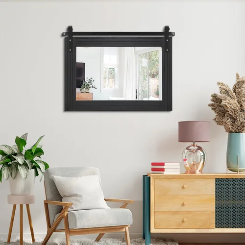 Vista 6 de AAZZKANG Espejo con marco de madera, estilo de puerta de granero, rectangular, decorativo, baño, dormitorio, tocador, decoración de pared del hogar