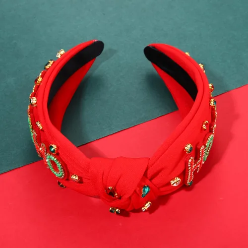 Vista 8 de Diadema de Navidad para mujer, accesorios de Navidad con cuentas, arco de Navidad, árbol, copo de nieve, diadema anudada HOHOHO, rojo y verde, perla