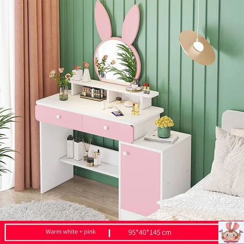 Vista 2 de Juego de tocador con espejo, tocador de maquillaje de princesa de madera con taburete, 2 cajones de almacenamiento y estante de exhibición, bonito