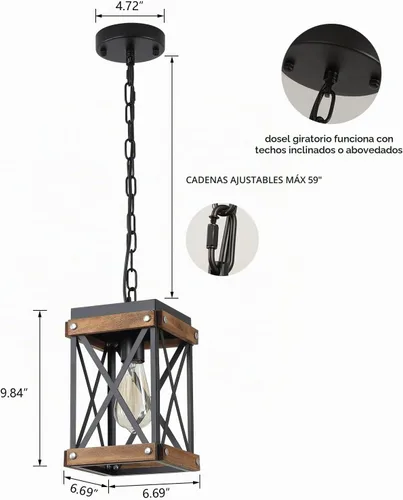 Vista 4 de Accesorio de Lámpara Colgante de Madera Rústica de Granja, Una Luz con Cadena Ajustable, Jaula de Linterna de Madera de Roble y Metal, Iluminación