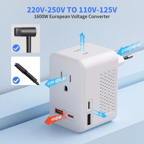 Vista 3 de PD - Convertidor de voltaje de 35 W de EE. UU. a Europa - Convertidor de 1600 W 220 V a 110 V para viajes europeos - Diseño de viaje compacto con 2