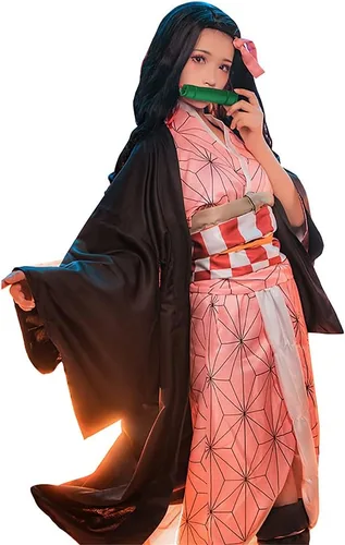 Vista 2 de Disfraz de cosplay Kamado Kimono Cosplay con bata negra para mujer y niña