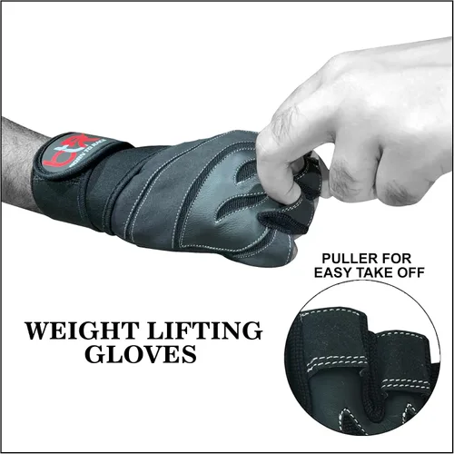 Vista 2 de Guantes acolchados de cuero para levantamiento de pesas para hombres y mujeres, para culturismo sin dedos, soporte de muñeca larga, entrenamiento