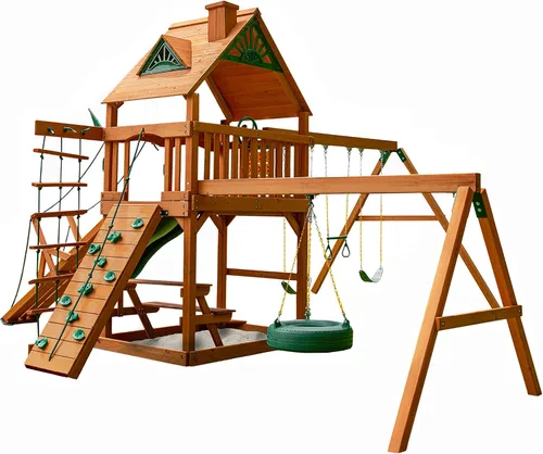 Vista 6 de Gorilla Playsets 01-0004-AP Frontier - Juego de columpio de madera con techo de madera, columpio de neumático, dos columpios de cinturón, mesa