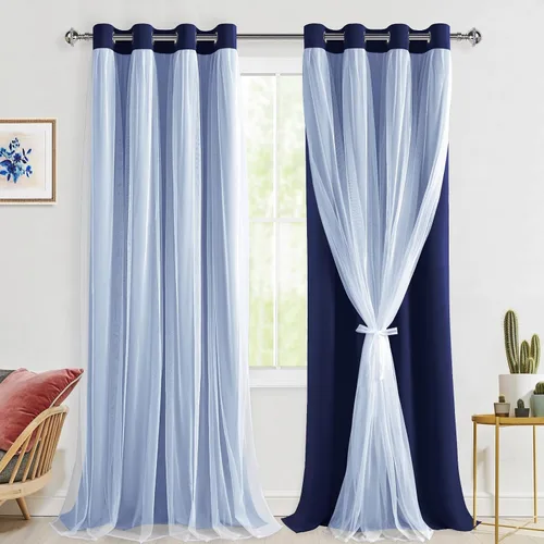 Vista 57 de Hiasan Cortinas opacas con superposición transparente, aislamiento térmico para mezclar y combinar de doble capa, cortinas de oscurecimiento de Beige