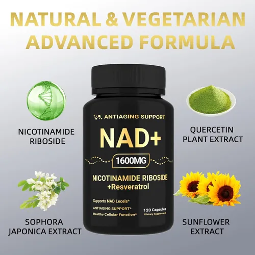 Vista 4 de Suplemento NAD de 1600 mg, NAD+ con resveratrol y ribósido de nicotinamida, apoyo antienvejecimiento, energía celular y apoyo a la claridad mental