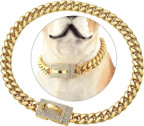 Vista 7 de Collar de cadena dorada para perro, estilo minimalista, con eslabones cubanos de metal para perros medianos y grandes, mascotas, resistente, a
