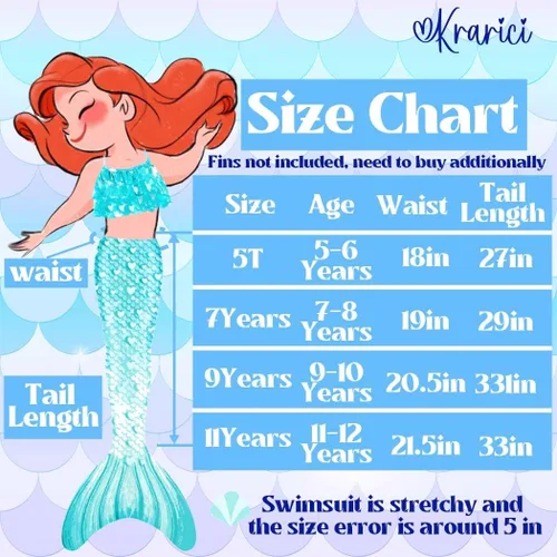 Vista 4 de Krarici Traje de baño de cola de sirena de 4 piezas traje de baño de cola de natación traje de cosplay para niñas y niños sin monoaleta
