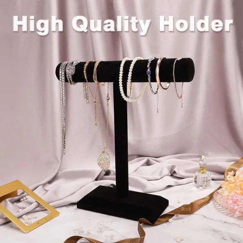 Vista 3 de Soporte de pulsera de terciopelo negro con barra en T de un nivel, organizador de collar para mujeres, niñas, hombres, organización del hogar