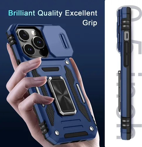 Vista 268 de DEERLAMN Funda para iPhone Xs Max con funda deslizante para cámara + protector de pantalla, soporte giratorio de anillo de grado militar a prueba