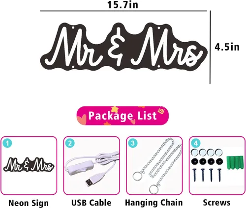 Vista 6 de Señal de neón de Mr & Mrs para boda, fiesta, decoración del hogar, funciona con USB, 15.7 x 4.5 pulgadas, letreros de luz LED para dormitorio