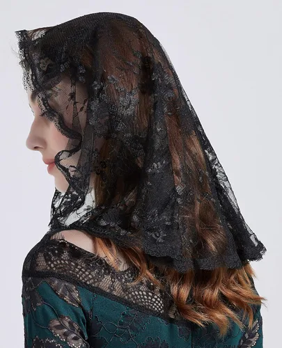 Vista 4 de Velo de Mantilla de encaje floral para la misa latina de la iglesia, Talla libre