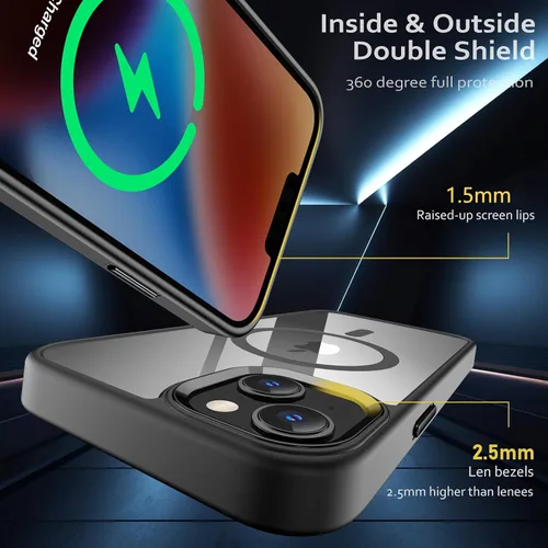 Vista 5 de Funda magnética para iPhone 13, compatible con MagSafe, protección de grado militar, parte trasera dura transparente y marco de TPU suave, funda