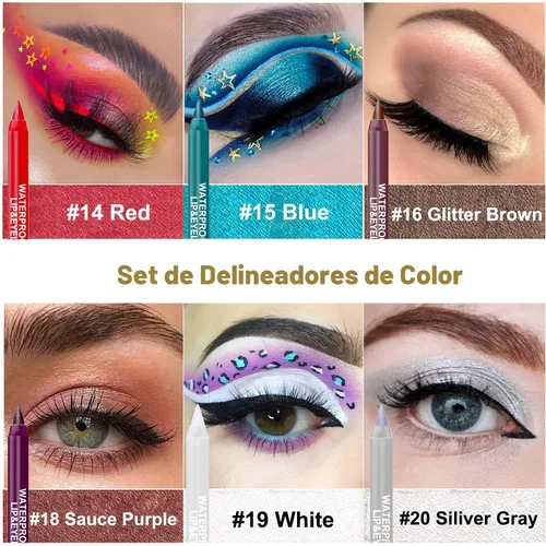 Vista 3 de LemonSac Juego de 15 lápices delineador de ojos coloridos, lápiz sombra de ojos, delineador de ojos con brillo metálico perla y mate para mujeres