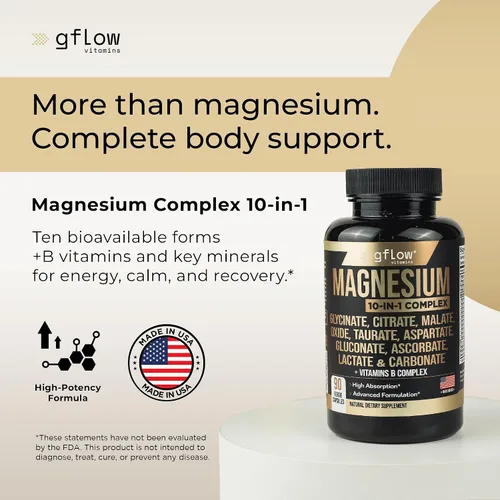 Vista 2 de gflow vitamins Suplemento complejo de magnesio – 10 formas activas, glicinato, citrato, malato, óxido, taurato, aspartato, gluconato, ascorbato