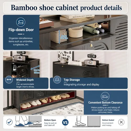 Vista 6 de Zapatero de bambú, 30-36 pares de 7 niveles con puertas, organizador de zapatos con estantes, organizador de zapatos de 41 pulgadas de alto