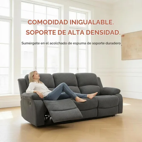 Vista 7 de Juego de sofá reclinable manual de 3 piezas, sofá reclinable de pana para sala de estar Gris oscuro