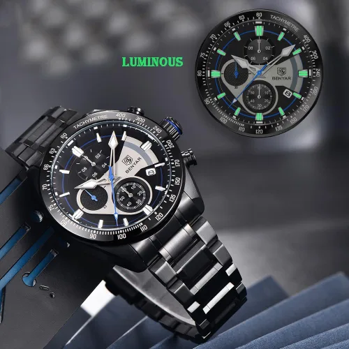 Vista 5 de BY BENYAR Relojes clásicos para hombre, relojes de pulsera militares de acero inoxidable con calendario, resistentes al agua y a los rayones