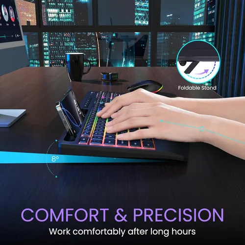 Vista 3 de Combo de teclado y mouse inalámbricos: teclado recargable VEILZOR 2.4G con soporte para teléfono, reposamuñecas ergonómico, 9 efectos