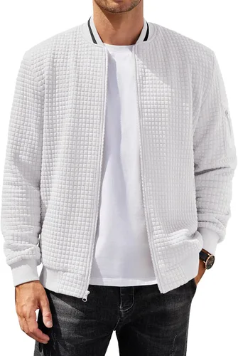 Vista 16 de COOFANDY - Chaqueta de suéter con cremallera para hombre, sudadera acanalada, bomber ligera, casual