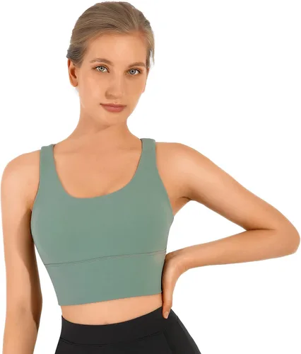 Vista 7 de UUE Sujetador deportivo para mujer, brasier deportivo de tirantes acolchados de línea larga, soporte medio, yoga, gimnasio, correr, entrenamiento