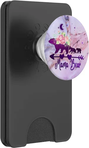 Vista 7 de Oso de mamá púrpura con dos cachorros sobre fondo rosa azul gris PopSockets intercambiable PopGrip