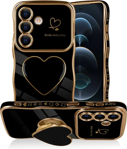 Vista 10 de Funda para Samsung Galaxy S23 Love-Heart Holder Case Cute Black Luxury Wave Frame forma rizada con corazón de amor, cubierta protectora de TPU suave