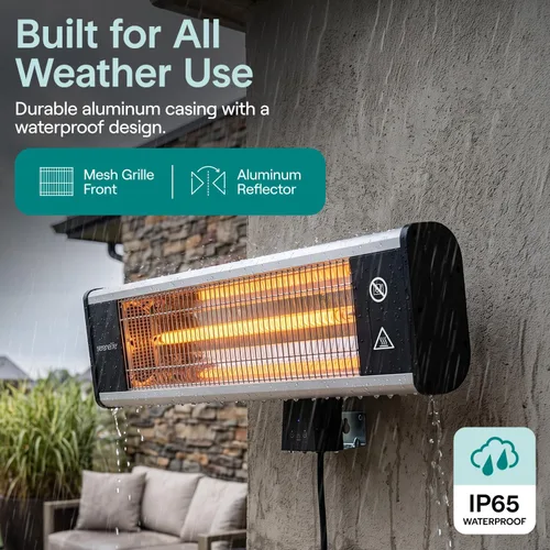 Vista 4 de SereneLife - Calentador de patio con infrarrojos, calentador eléctrico de pared con control remoto, 1500W, aprobado IP65, sin olor, para interiores