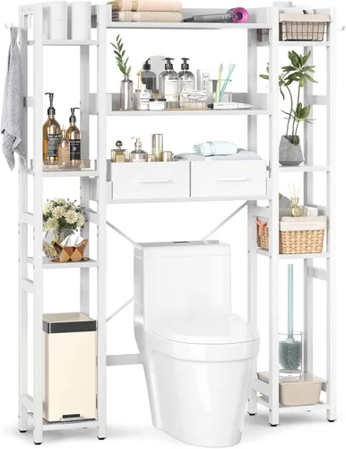 Vista 16 de Besiost - Estante de almacenamiento sobre el inodoro con 2 cajones - Organizador de baño de 7 niveles con estante ajustable, estante de ahorro