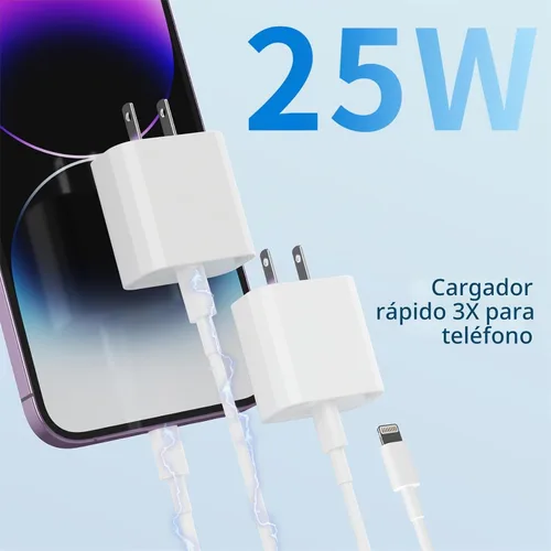 Vista 2 de Cargador de iPhone de 25 W, paquete de 2 adaptadores de carga rápida USB C de 25 W PD de pared con 2 cables tipo C a Lightning de 10 pies de largo