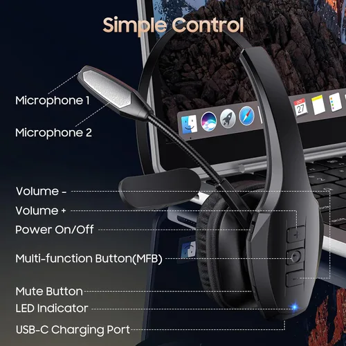 Vista 8 de Auriculares Bluetooth para Camionero, Auriculares Inalámbricos con Micrófono, Auriculares Bluetooth con Micrófono de Cancelación de Ruido Dual