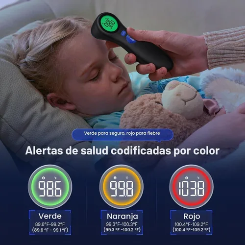 Vista 6 de Viproud Termómetro de frente para adultos y niños, resultados precisos y 1 segundo lectura, alarma de fiebre de 3 colores, sin contacto, modo Negro