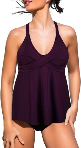 Vista 2 de Hilor Tankini para mujer, con cuello en V, con control de barriga, traje de baño con vuelo