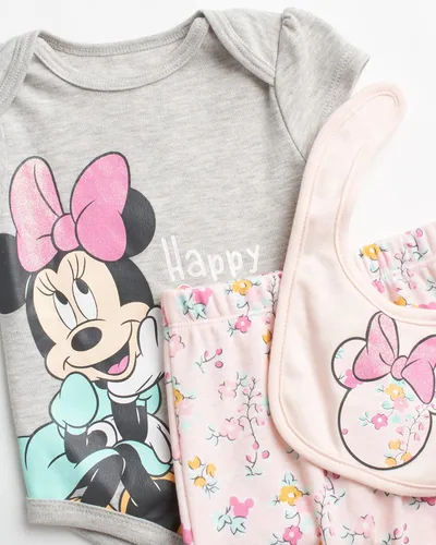 Vista 2 de Disney Conjunto de canastilla de Minnie Mouse para bebé, 3 piezas, pantalones y babero (recién nacido)