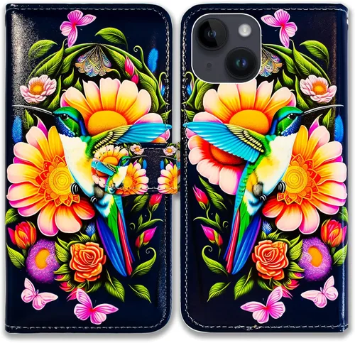 Vista 32 de Bcov Funda para iPhone 15 Plus, piel con tapa y función atril para iPhone 15 Plus, color verde pájaro negro