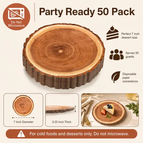 Vista 15 de Gift Boutique - 50 platos de papel de postre de grano de madera rústica