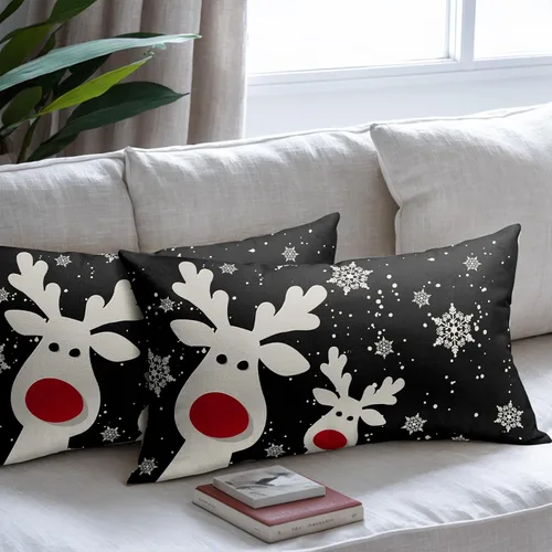 Vista 7 de Juego de 2 fundas de almohada lumbar de Navidad negras de 12 x 20 pulgadas, diseño rústico de copos de nieve de ciervos de Navidad, almohadas