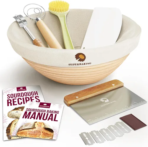 Vista 10 de Juego de cestas para fermentación de pan Superbaking Banneton de 2, cestas redondas de 22.86 cm de ratán sin astillas con forros, kit de inicio