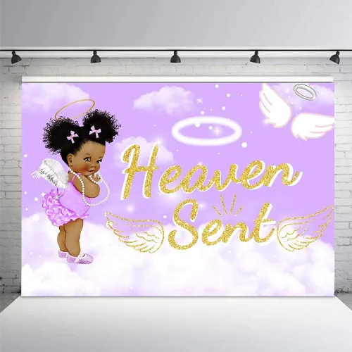 Vista 4 de MEHOFOND Telón de fondo para fiesta de baby shower, 7 x 5 pies, cielo morado, nube, blanco, alas de ángel, decoración de alas de ángel, regalo