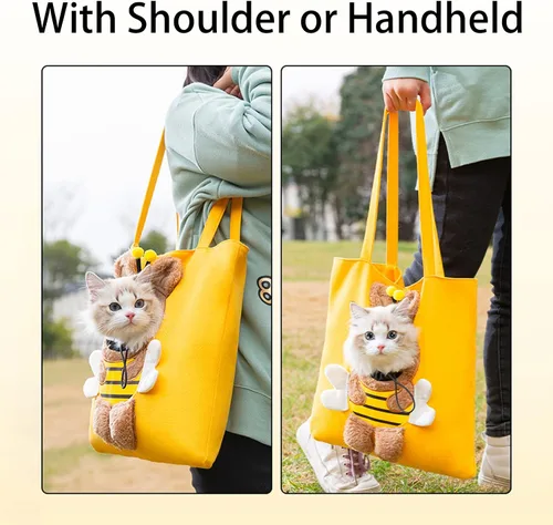 Vista 6 de Bolso de hombro de lona para mascotas, lindo transportador de gatos con forma de abeja, tamaño S, portátil para gatitos y cachorros, transportadores