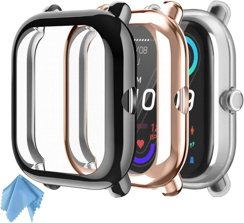 Vista 8 de Fintie - Juego de 3 fundas compatibles con Amazfit Bip U Pro/S/Lite/1S/GTS 2 Mini Screen Protector, Soft TPU Plated Bumper, Full Protective Cover