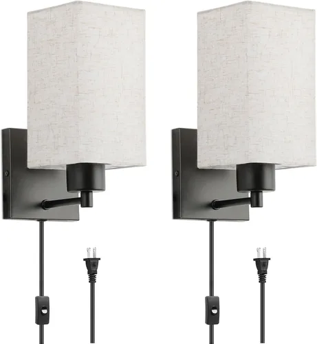 Vista 10 de KOONTING® Juego de 2 apliques de pared enchufables, lámpara de pared rústica con cable de enchufe e interruptor de palanca de encendido/apagado, Lino