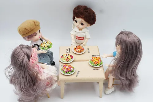 Vista 3 de 5 ensaladas surtidas con plato para casa de muñecas, comida en miniatura, escala 1:6, comida de arcilla realista para casas de muñecas, accesorios